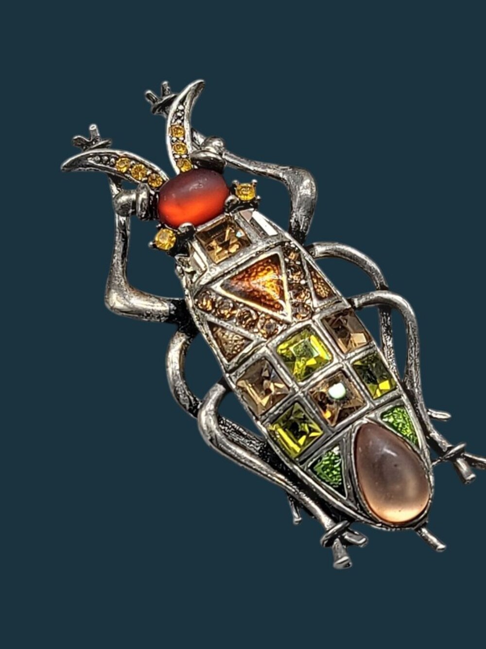 Beetle Brooch With Multicolor Frosted & Faceted Glass Stones Silver Tone Setting - Picture 3 of 7